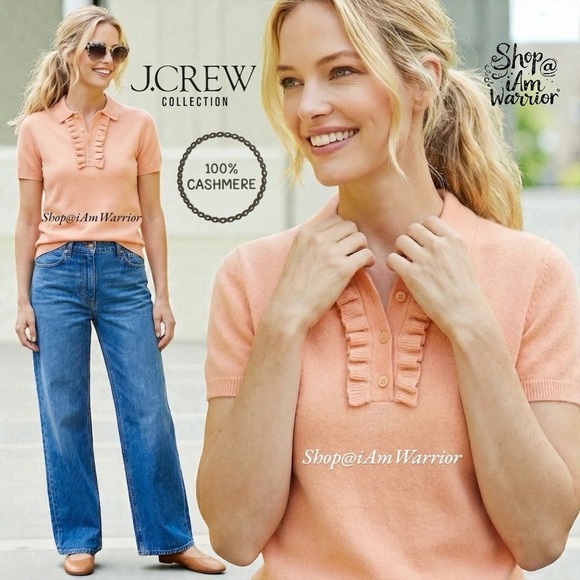 J.Crew Collection peach sorbet cashmere ruffle polo sweater *shop@iamwarrior